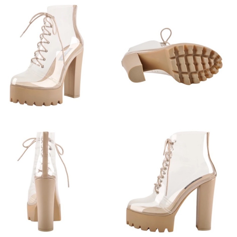 TRANSPARENT CHUNKY BLOCK HIGH HEEL LACE BOOTS
